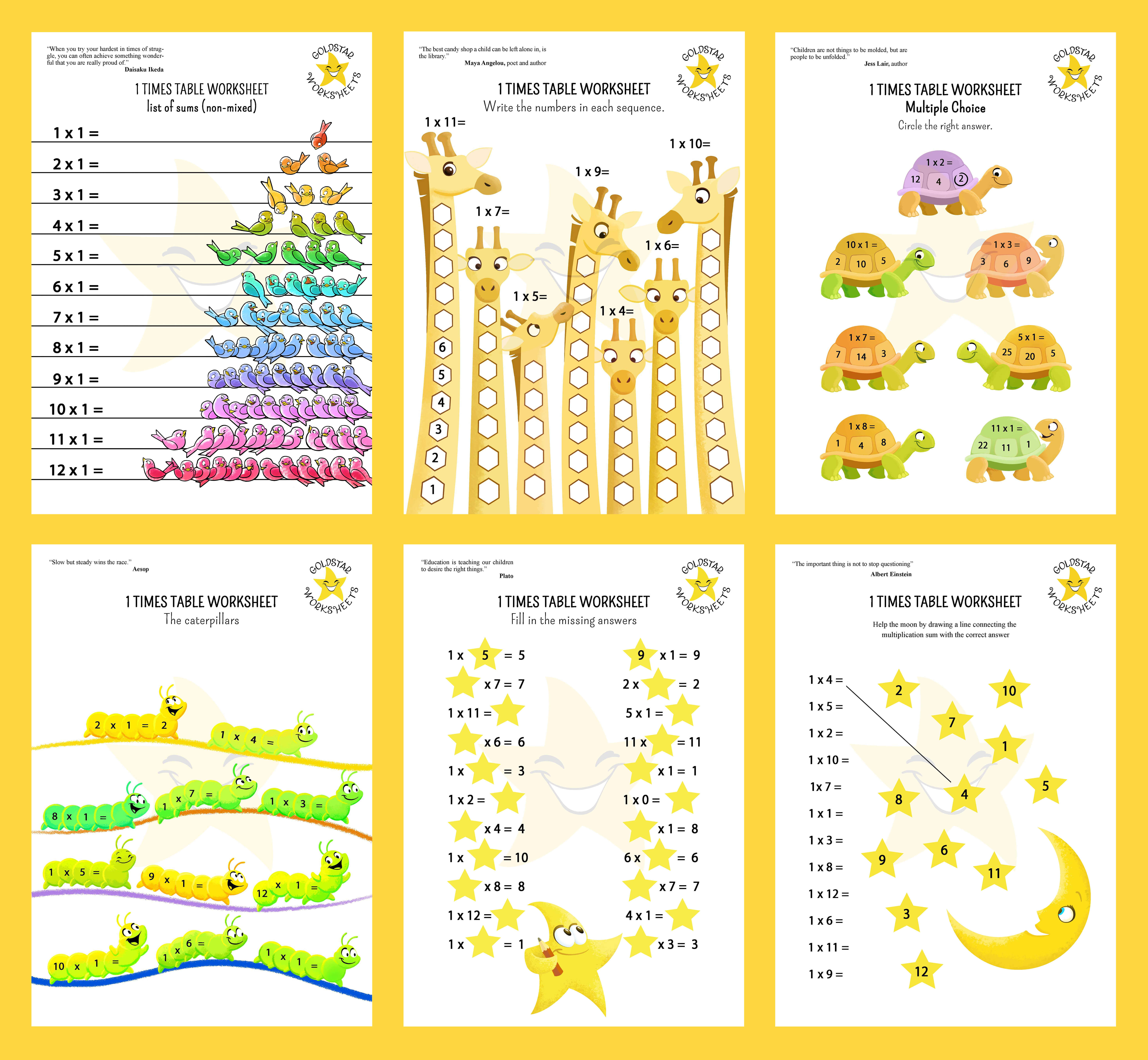 a wide selection of colorful 1 times tables worksheets - multiple choice, color by multiplication, multiplication flowers, moon matching, and more...